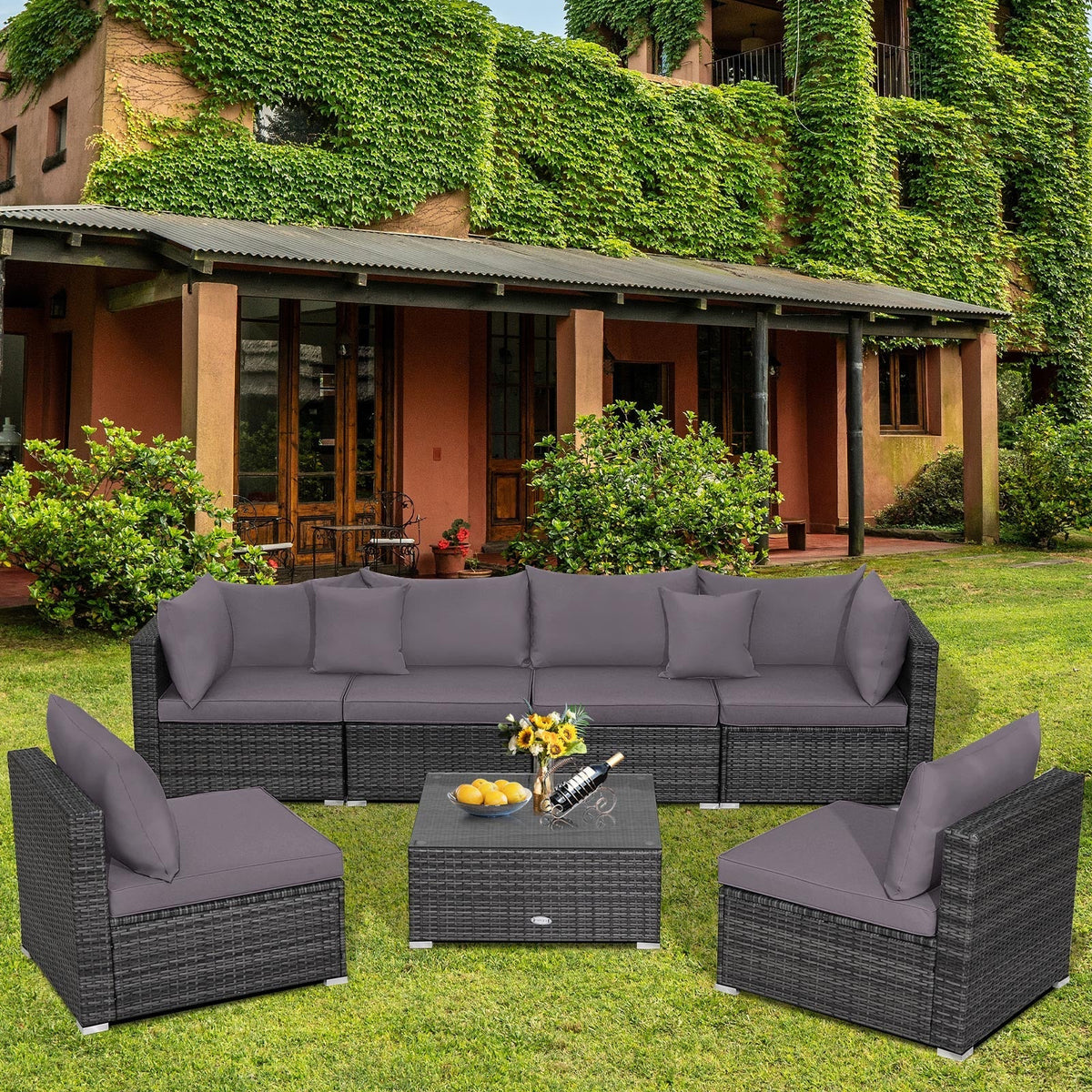 7 Pieces Patio Rattan Furniture Set Sectional Sofa Garden Cushion 12