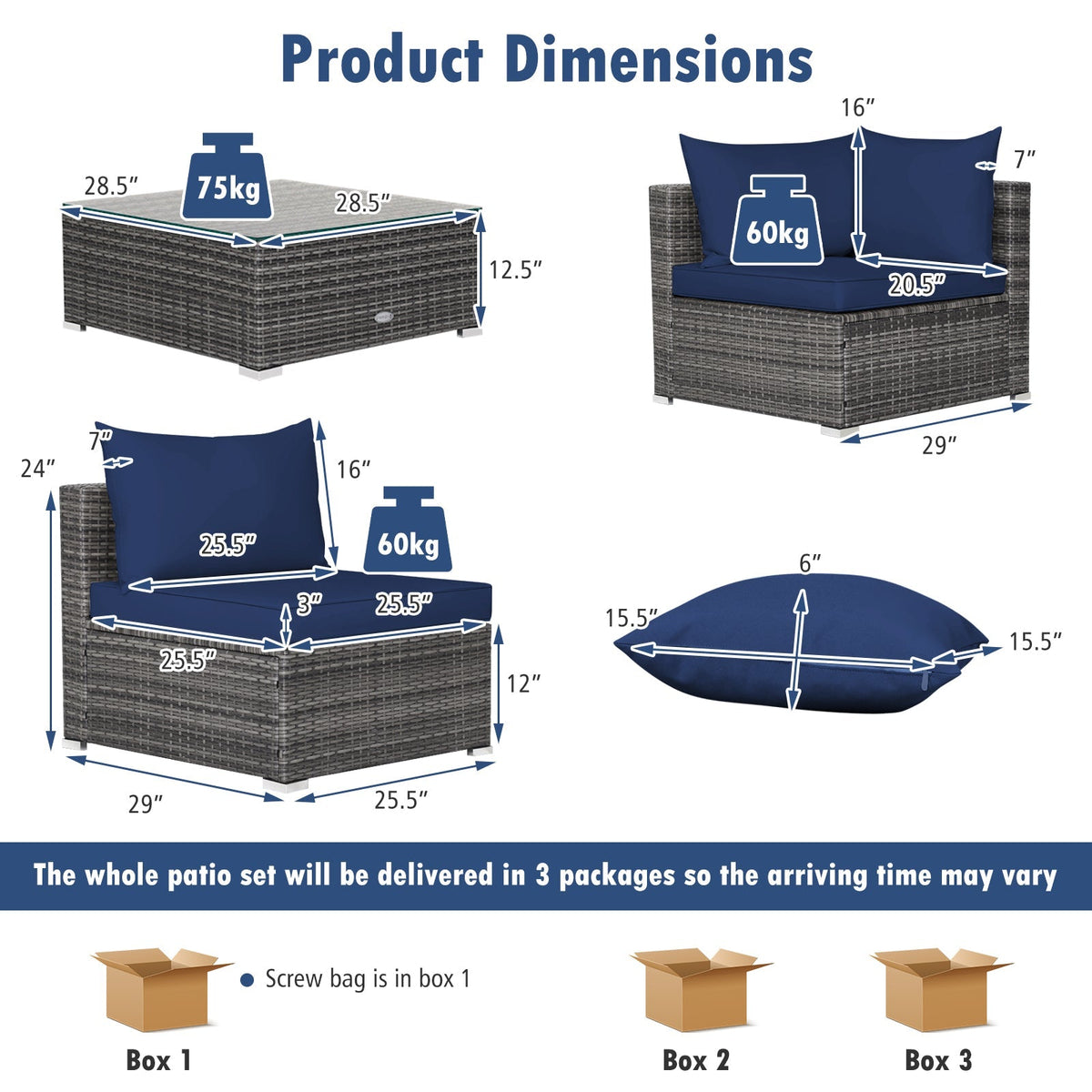 7 Pieces Patio Rattan Furniture Set Sectional Sofa Garden Cushion 31