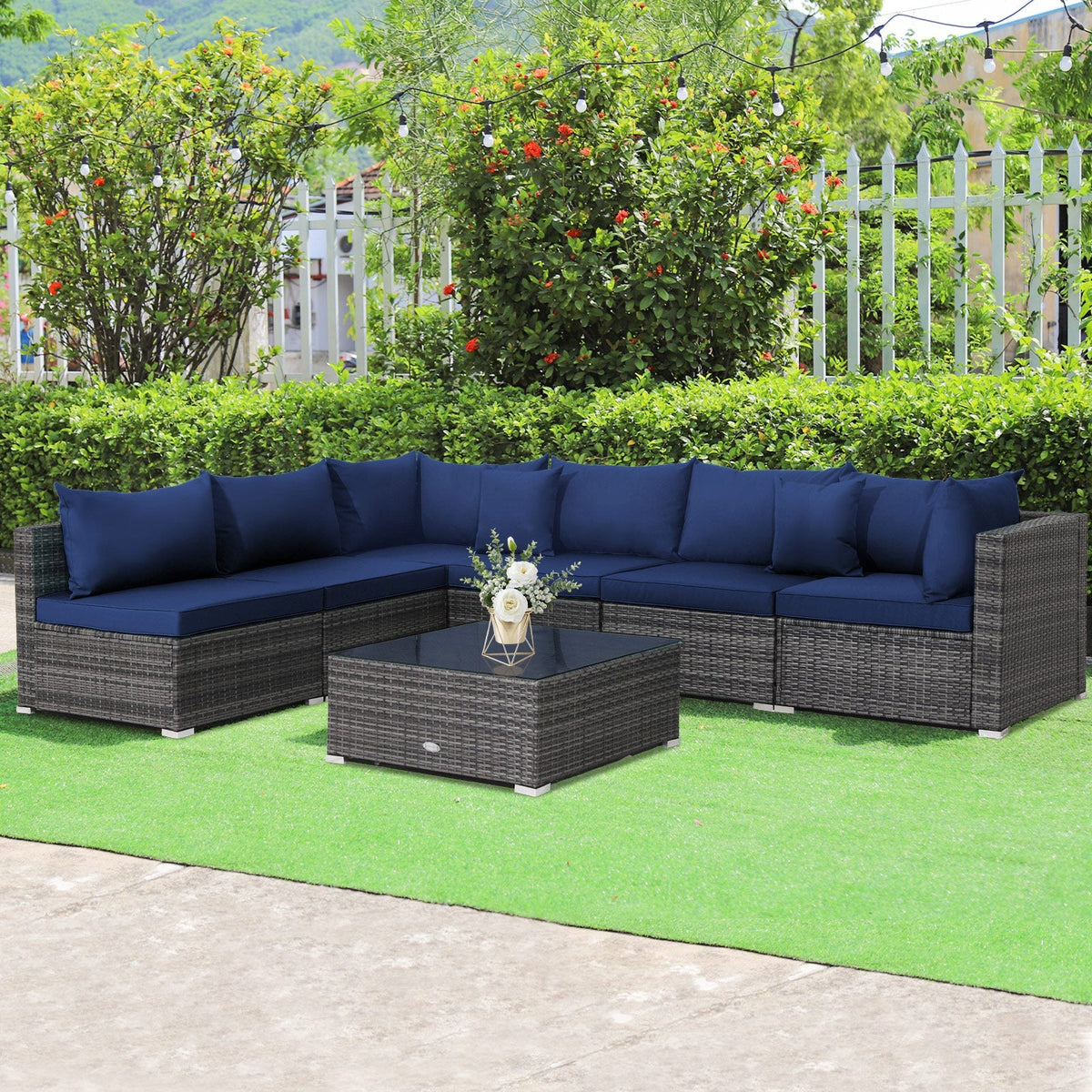 7 Pieces Patio Rattan Furniture Set Sectional Sofa Garden Cushion 7