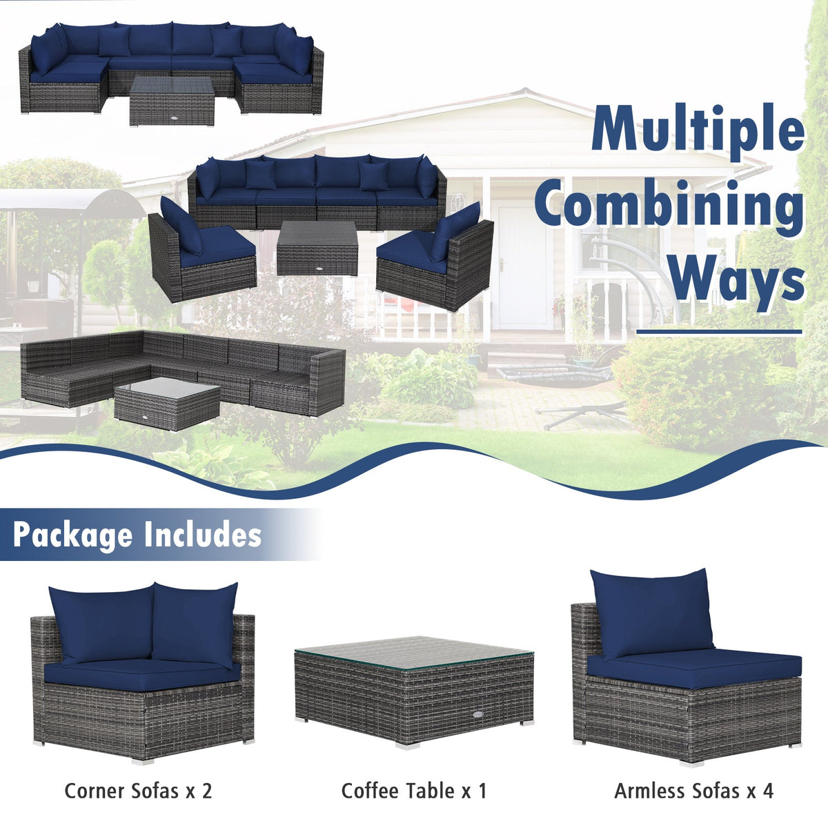 7 Pieces Patio Rattan Furniture Set Sectional Sofa Garden Cushion 38