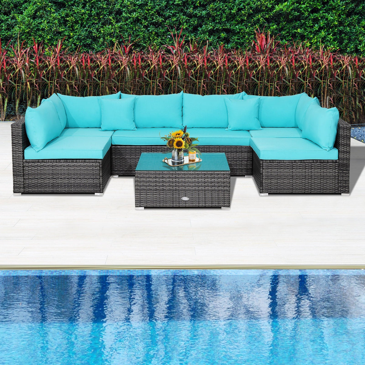 7 Pieces Patio Rattan Furniture Set Sectional Sofa Garden Cushion 46