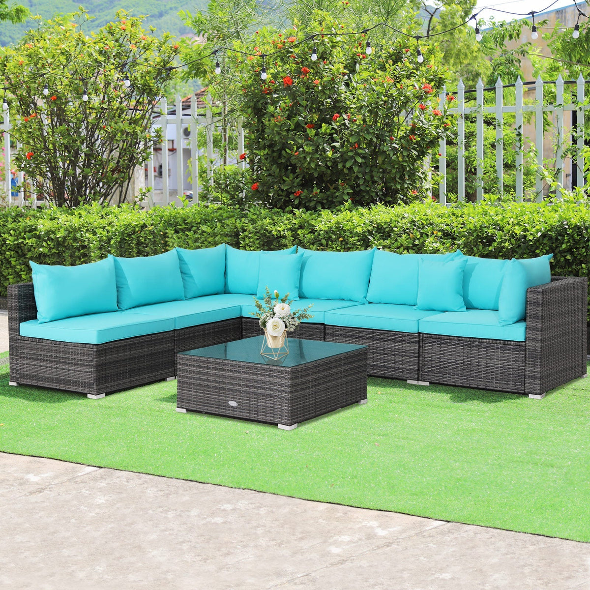 7 Pieces Patio Rattan Furniture Set Sectional Sofa Garden Cushion 4