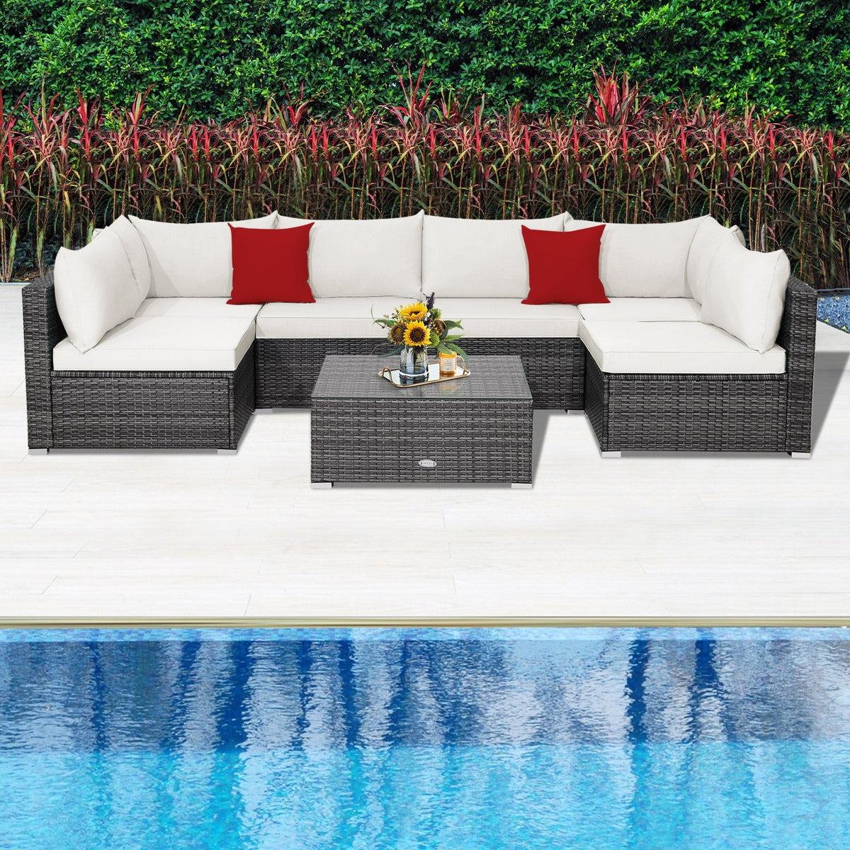 7 Pieces Patio Rattan Furniture Set Sectional Sofa Garden Cushion 49