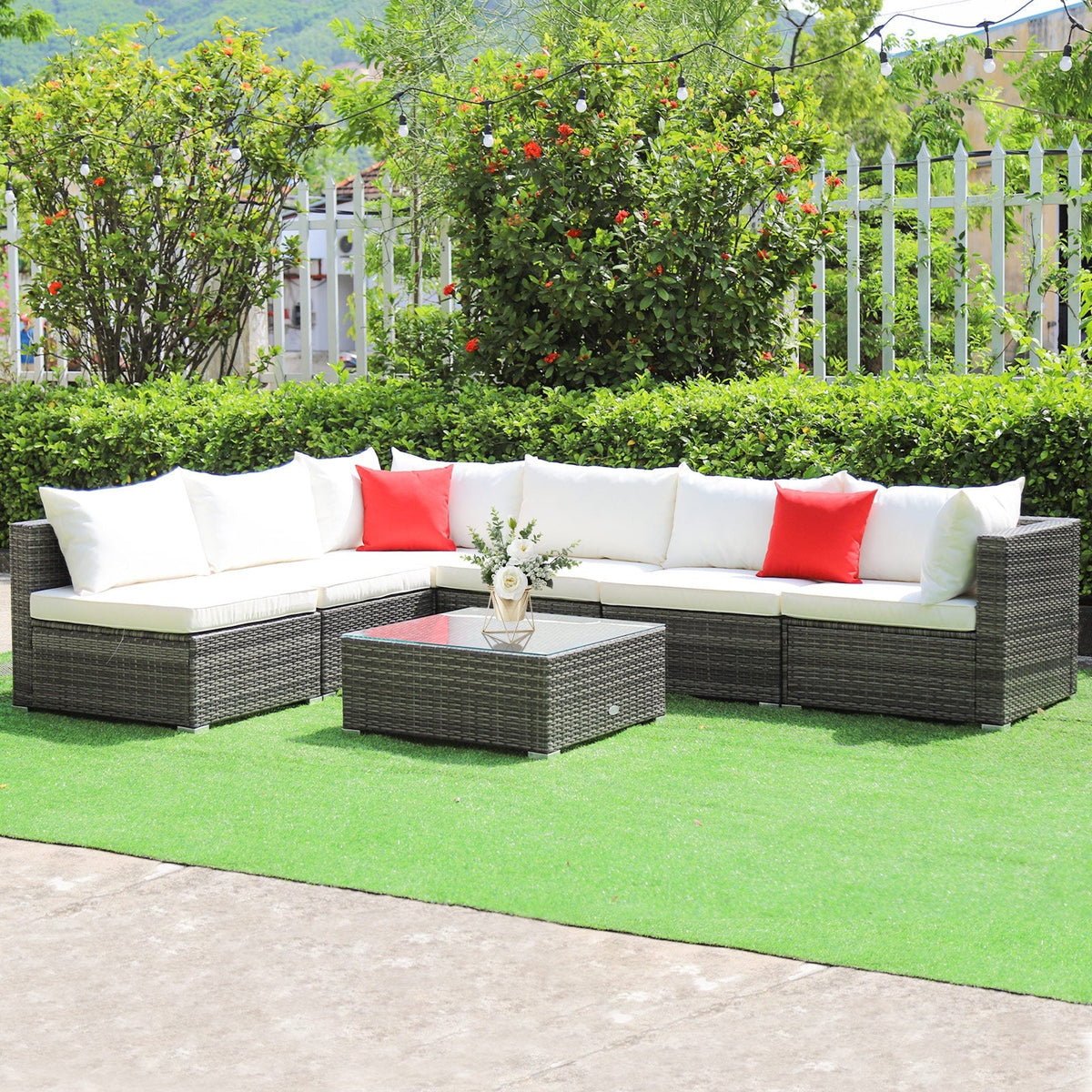 7 Pieces Patio Rattan Furniture Set Sectional Sofa Garden Cushion 6