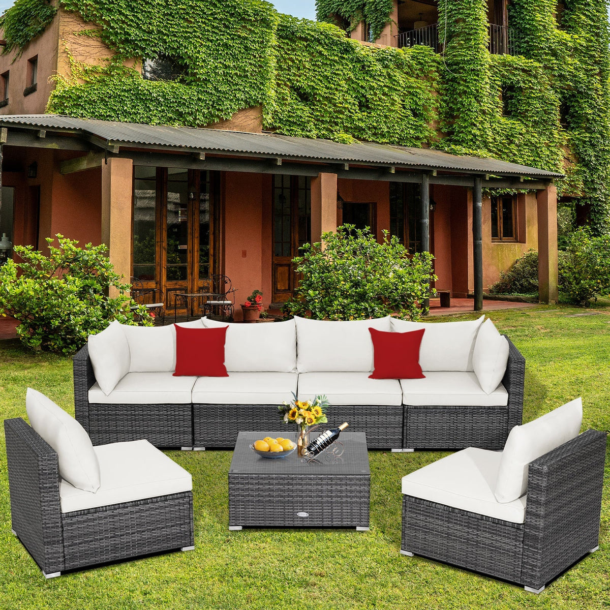 7 Pieces Patio Rattan Furniture Set Sectional Sofa Garden Cushion 45