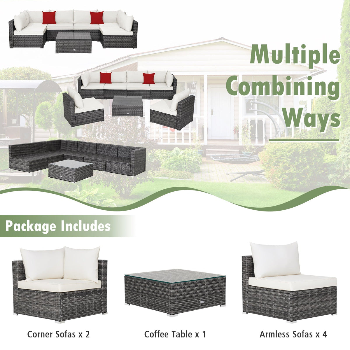 7 Pieces Patio Rattan Furniture Set Sectional Sofa Garden Cushion 40