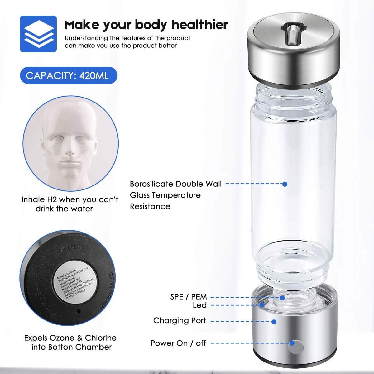 Hydrogen Water Bottle Generator with Inhaler Adapter 2