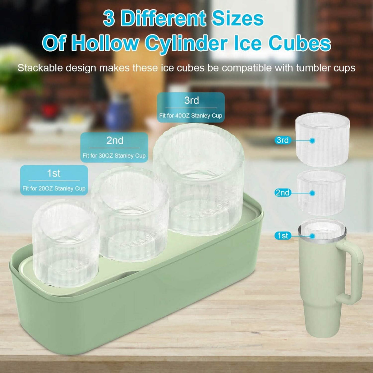 Ice Cube Tray Fit For 20oz/30oz/40oz Stanley Cup Easy Release Silicone Hallow Cylinder 7