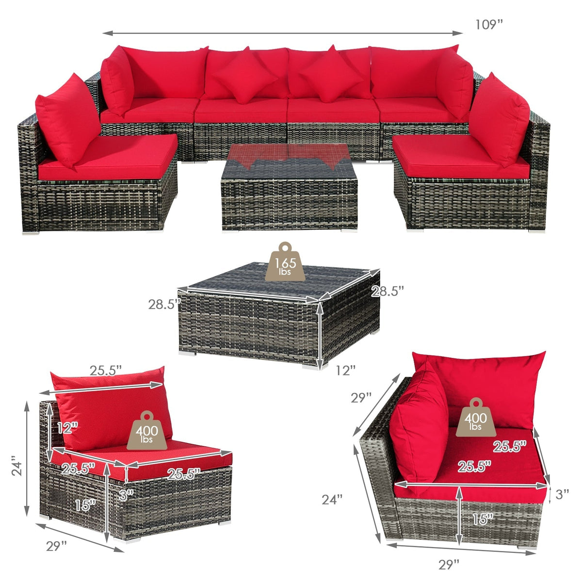 7 Pieces Patio Rattan Furniture Set Sectional Sofa Garden Cushion 29