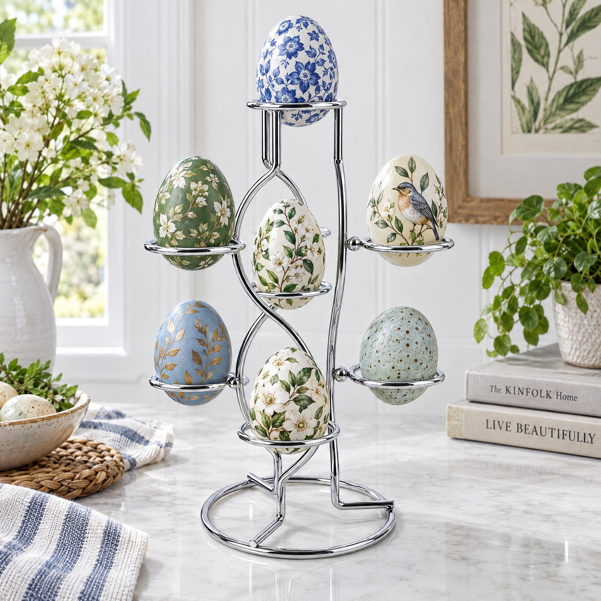 7-Ring 3-Tier Silver Wire Metal Sphere Crystals Egg Stand Holder Display 7.4 Inches