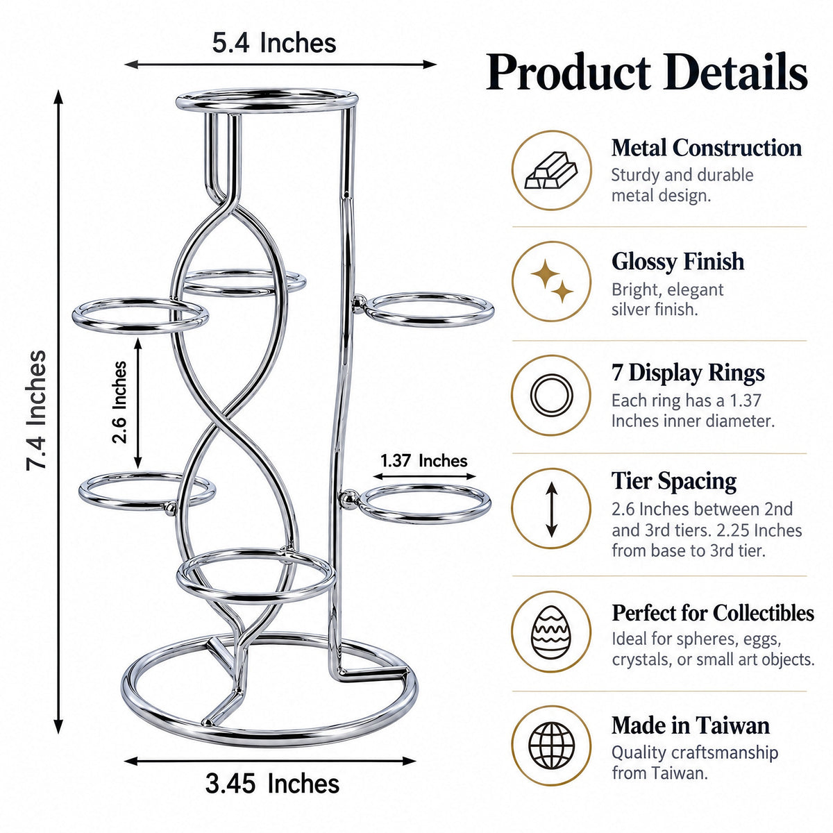7-Ring 3-Tier Silver Wire Metal Sphere Crystals Egg Stand Holder Display 7.4 Inches 3