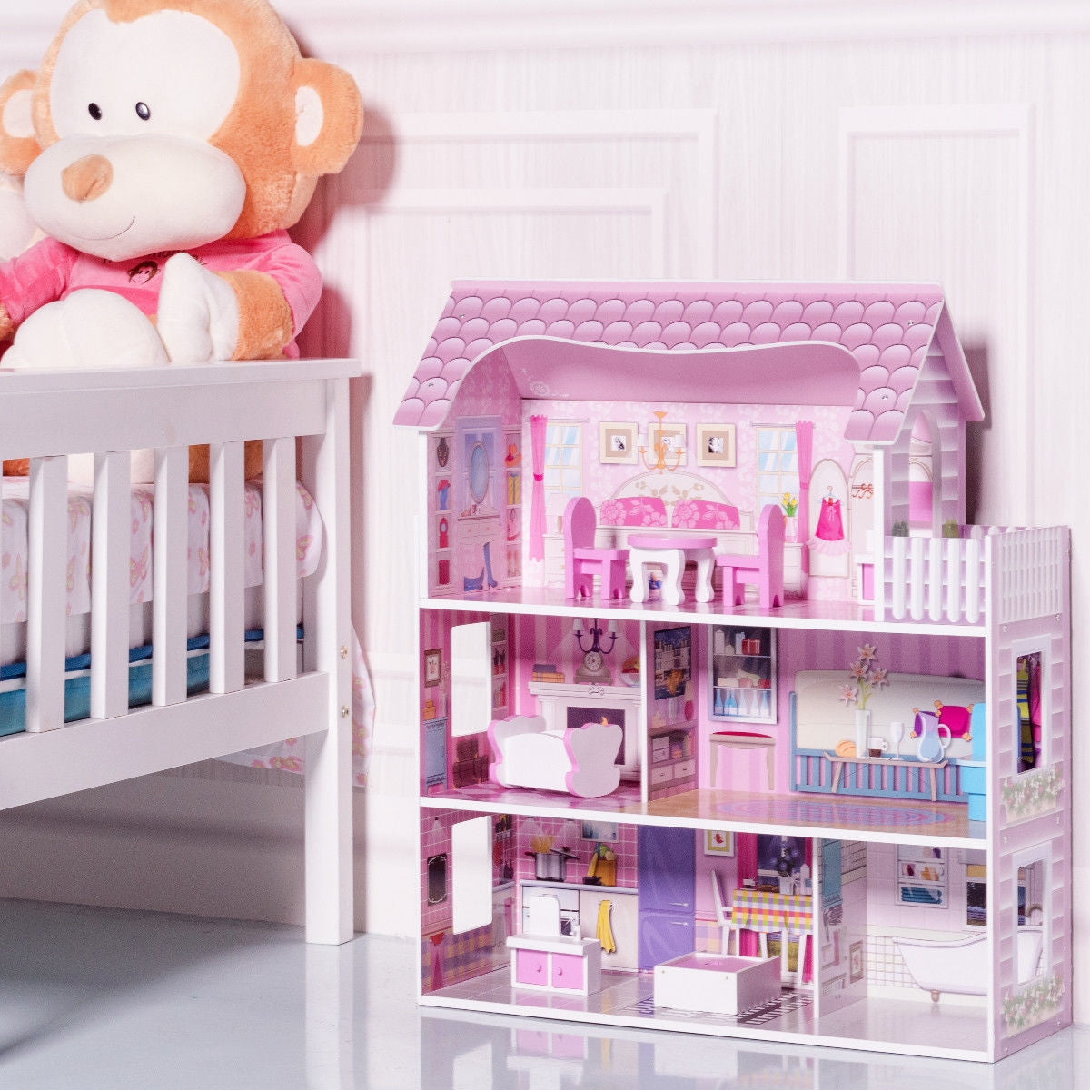 28 Inch Pink Dollhouse with Furniture 6
