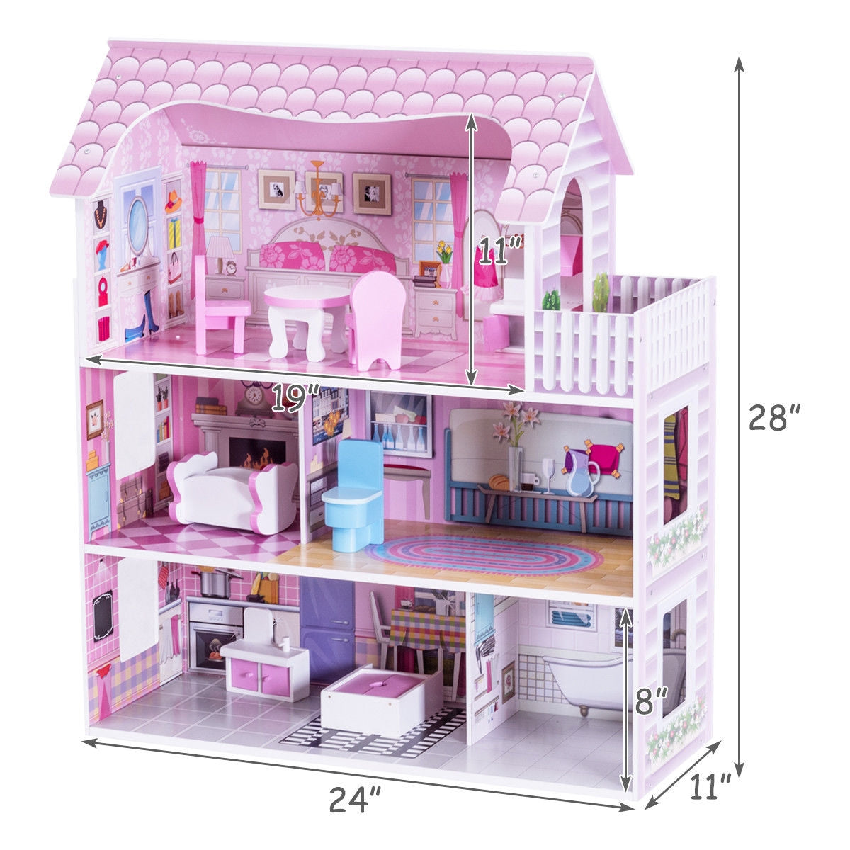 28 Inch Pink Dollhouse with Furniture 5