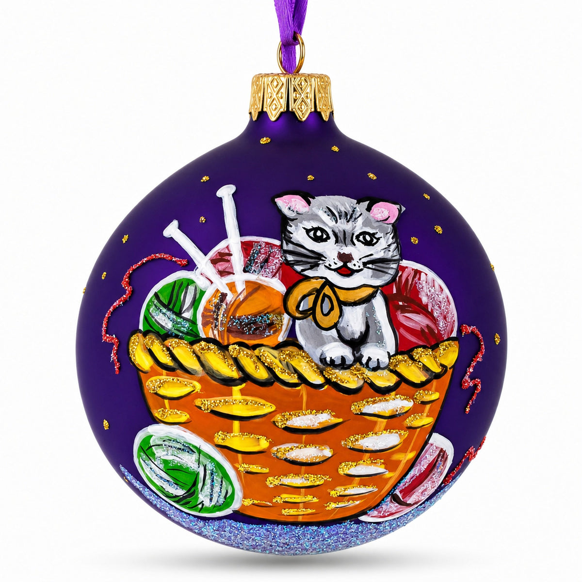 Kitten with Yarn Balls Glass Christmas Ornament 3.25 Inches 1
