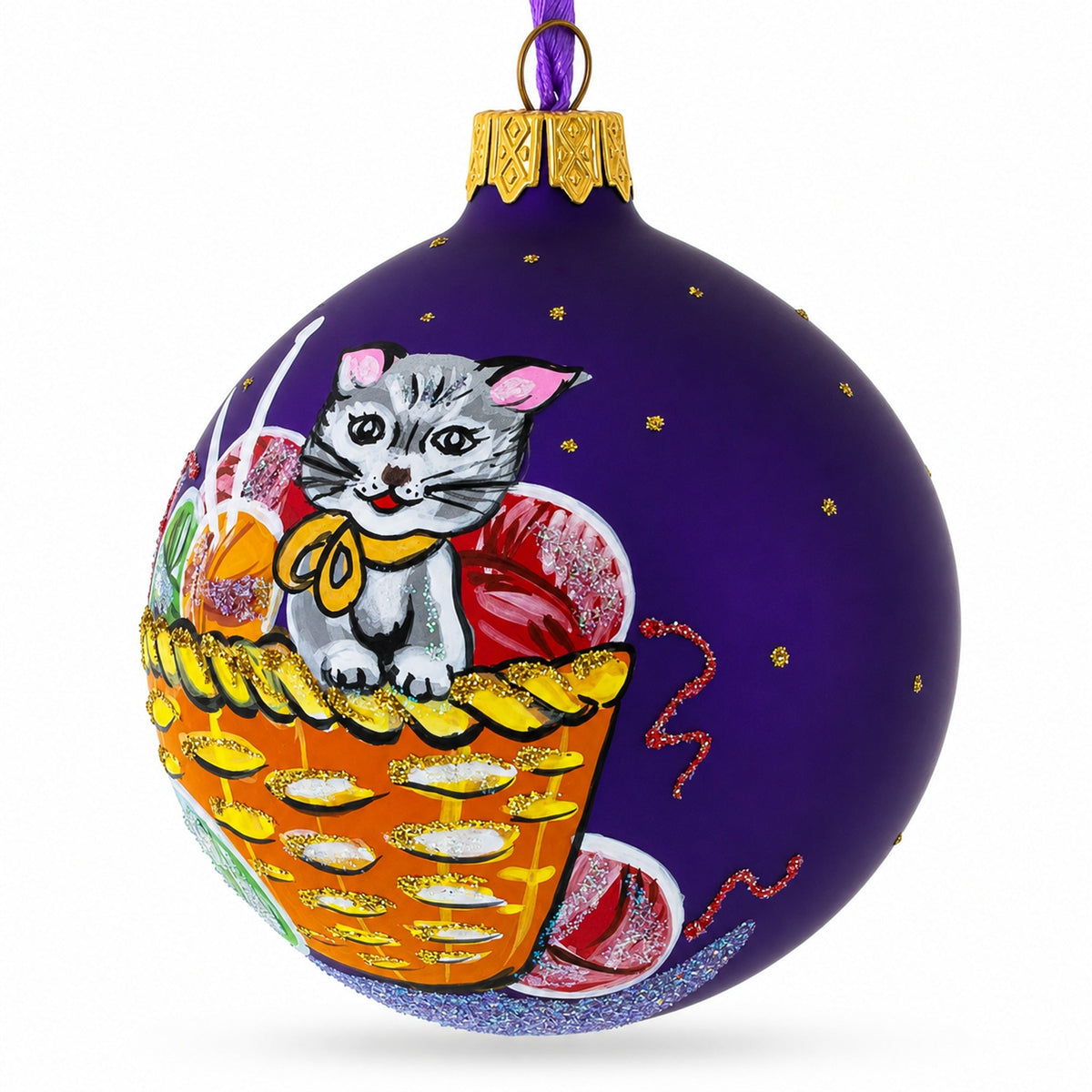 Kitten with Yarn Balls Glass Christmas Ornament 3.25 Inches 2
