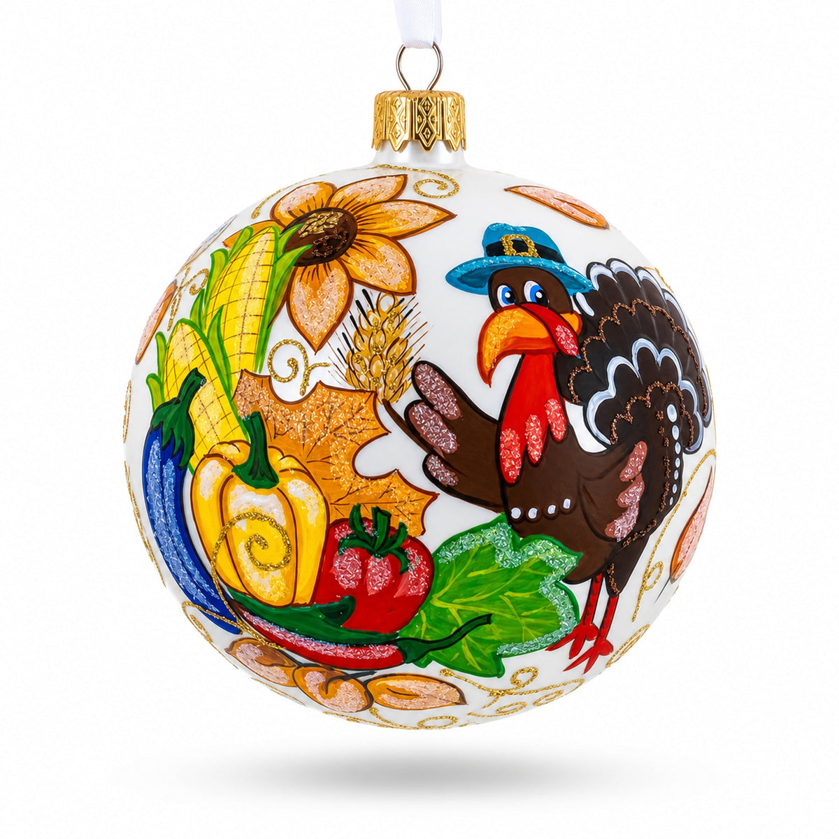Turkey in Hat Thanksgiving Glass Ball Christmas Ornaments 4 Inches 1
