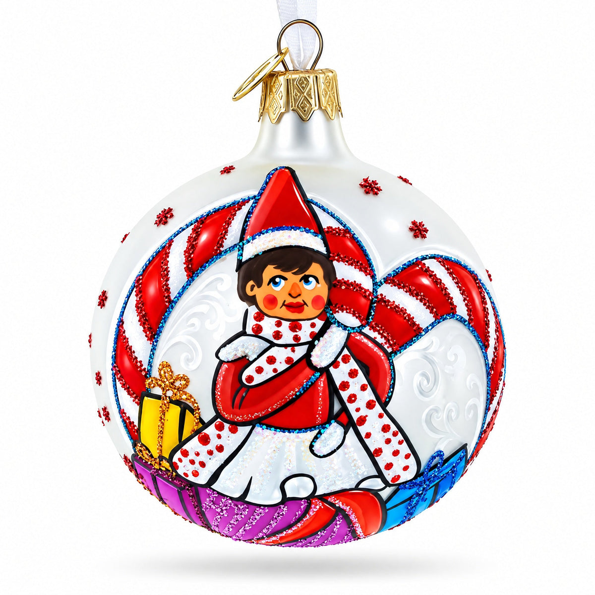 Elf and Candy Canes Glass Ball Christmas Ornaments 3.25 Inches 1
