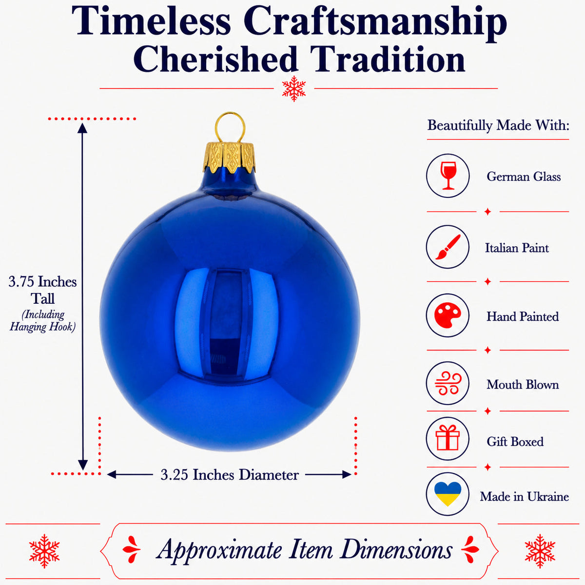 Set of 6 Glossy Blue Glass Ball Christmas Ornaments 3.25 Inches (038) 3