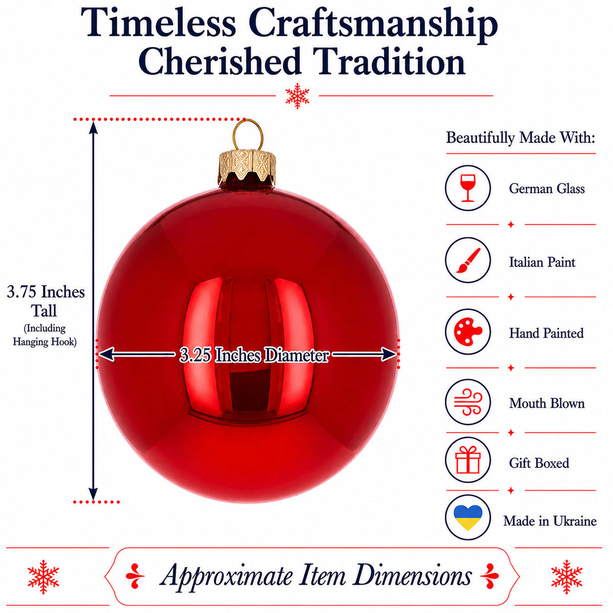 Set of 6 Red Glossy Glass Ball Christmas Ornaments 3.25 Inches (039) 3