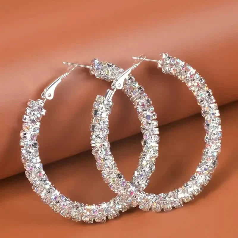 Large Full Rhinestone Silver Hoop Earrings 2