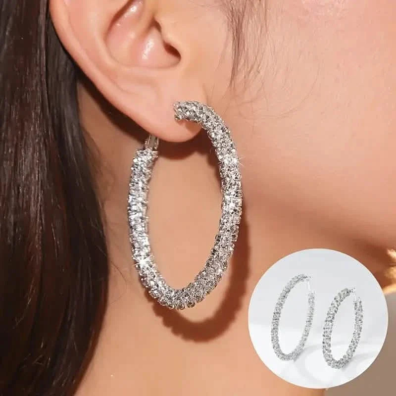Large Full Rhinestone Silver Hoop Earrings 1