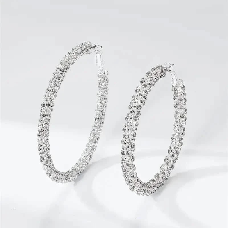 Large Full Rhinestone Silver Hoop Earrings 8