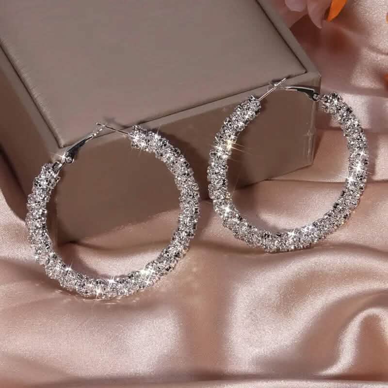 Large Full Rhinestone Silver Hoop Earrings 6