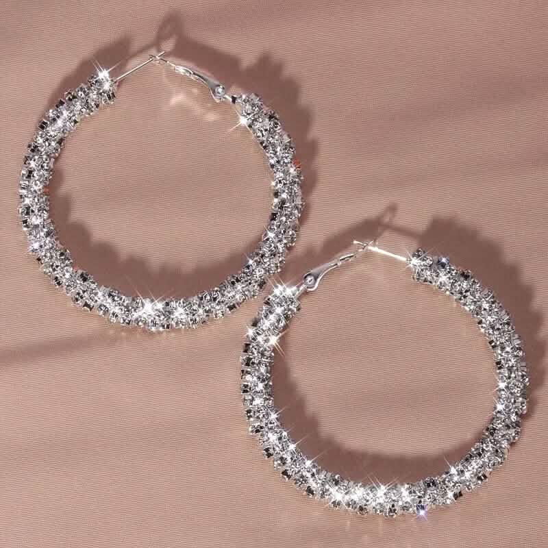 Large Full Rhinestone Silver Hoop Earrings 4
