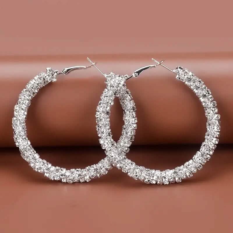 Large Full Rhinestone Silver Hoop Earrings 7