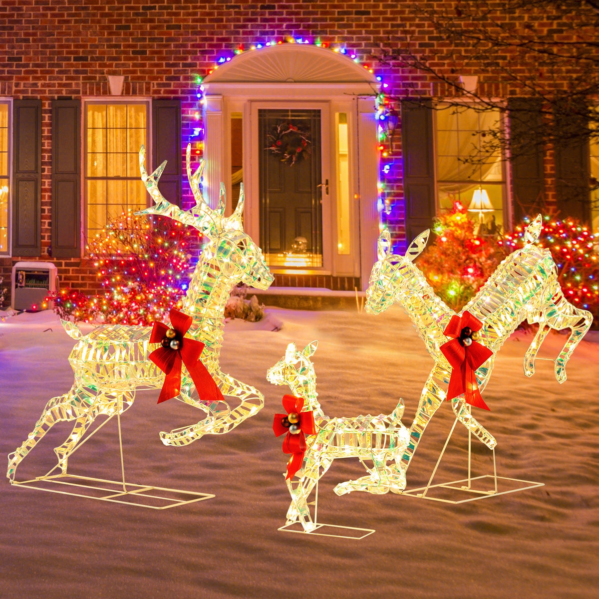 3-Piece Lighted Christmas Reindeer Family with LED Lights and Bows 2