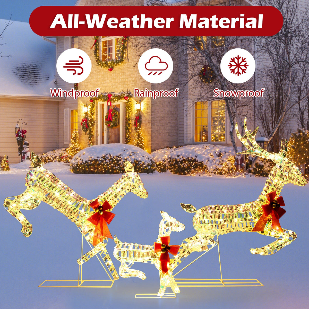 3-Piece Lighted Christmas Reindeer Family with LED Lights and Bows 6
