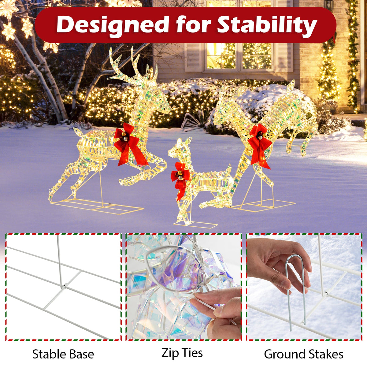 3-Piece Lighted Christmas Reindeer Family with LED Lights and Bows 7
