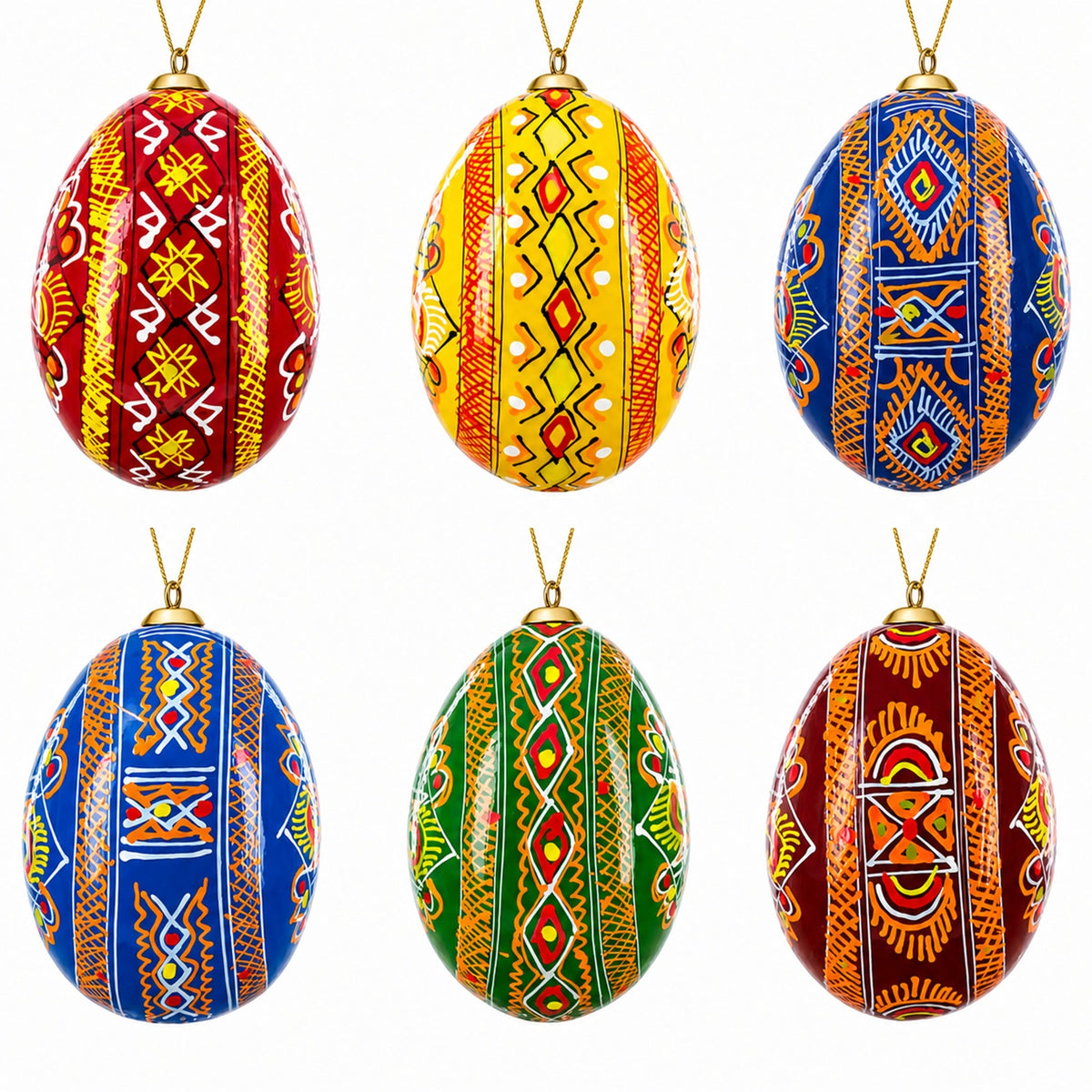 Set of 6 Ukrainian Wooden Easter Egg Ornaments 2.5 Inches 2