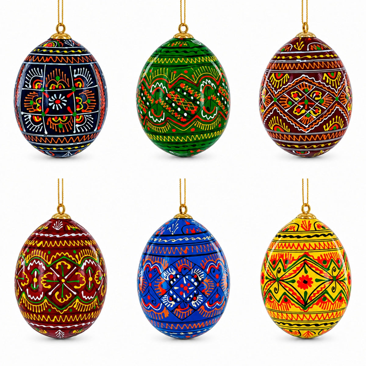 Set of 6 Ukrainian Geometric Wooden Pysanky Easter Eggs Ornaments 1