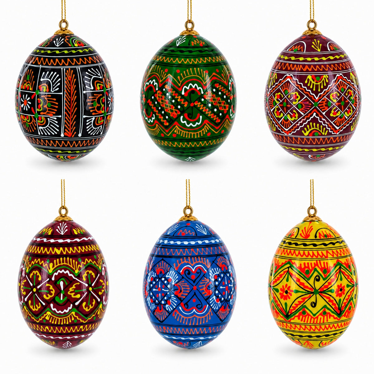 Set of 6 Ukrainian Geometric Wooden Pysanky Easter Eggs Ornaments 4