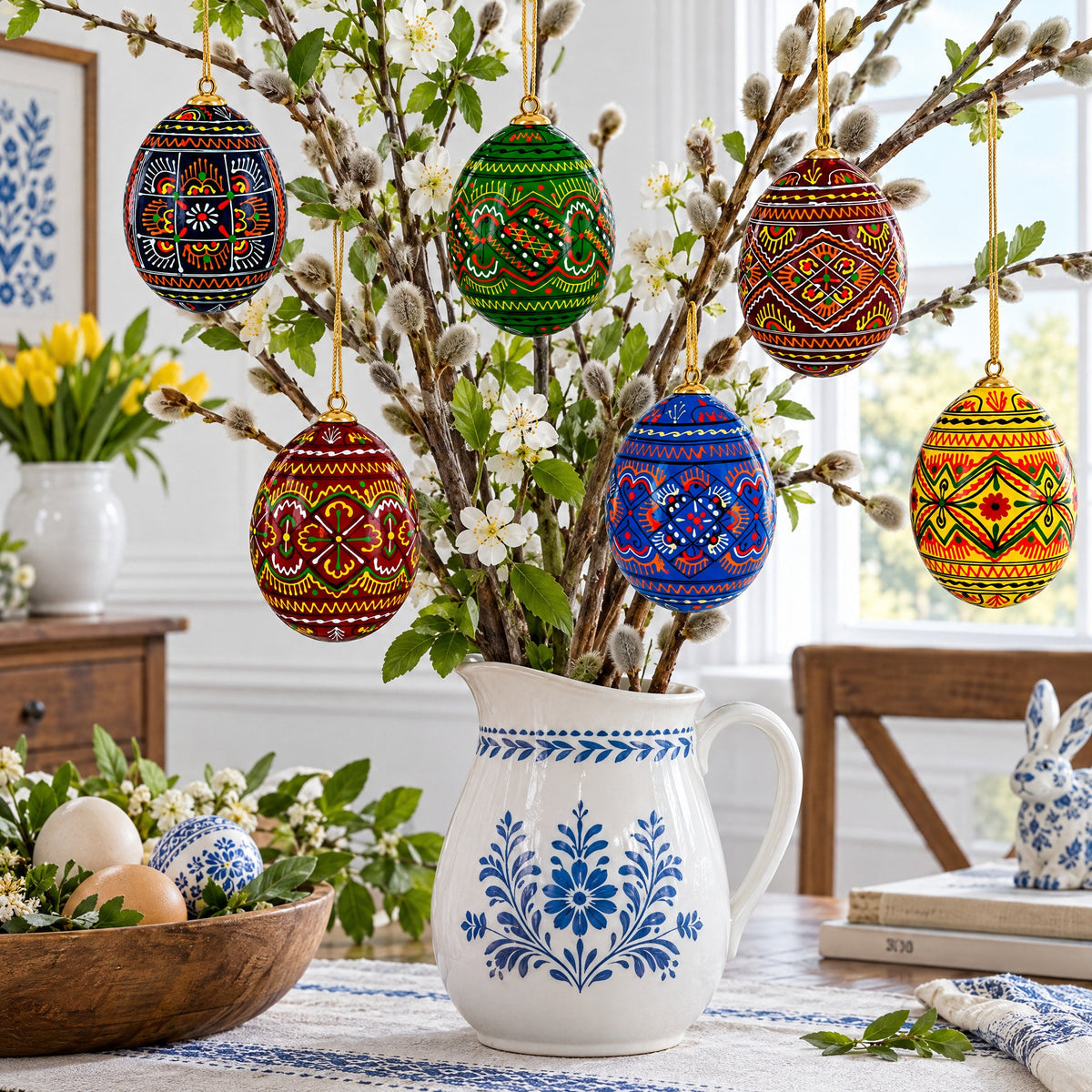 Set of 6 Ukrainian Geometric Wooden Pysanky Easter Eggs Ornaments 2