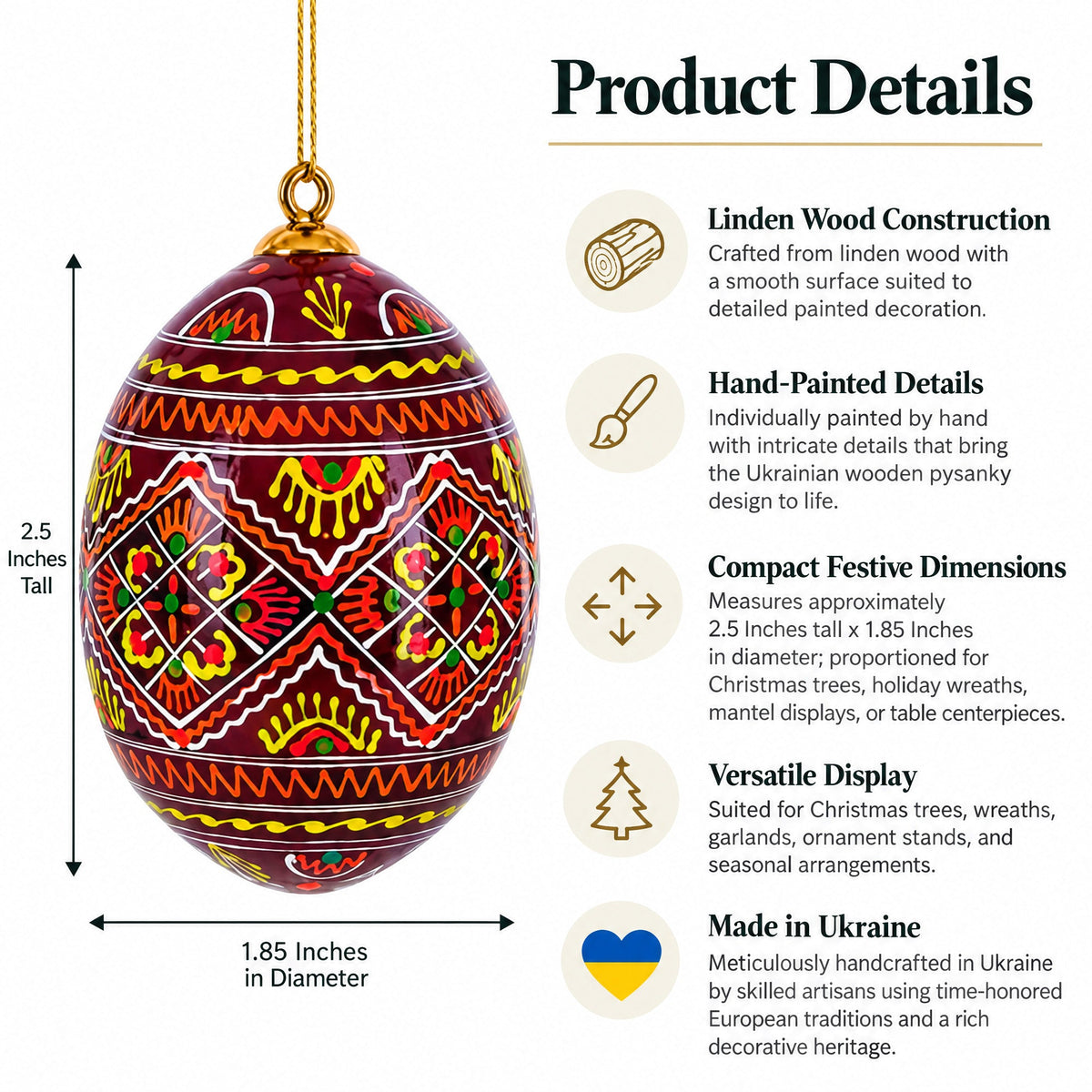 Set of 6 Ukrainian Geometric Wooden Pysanky Easter Eggs Ornaments 3