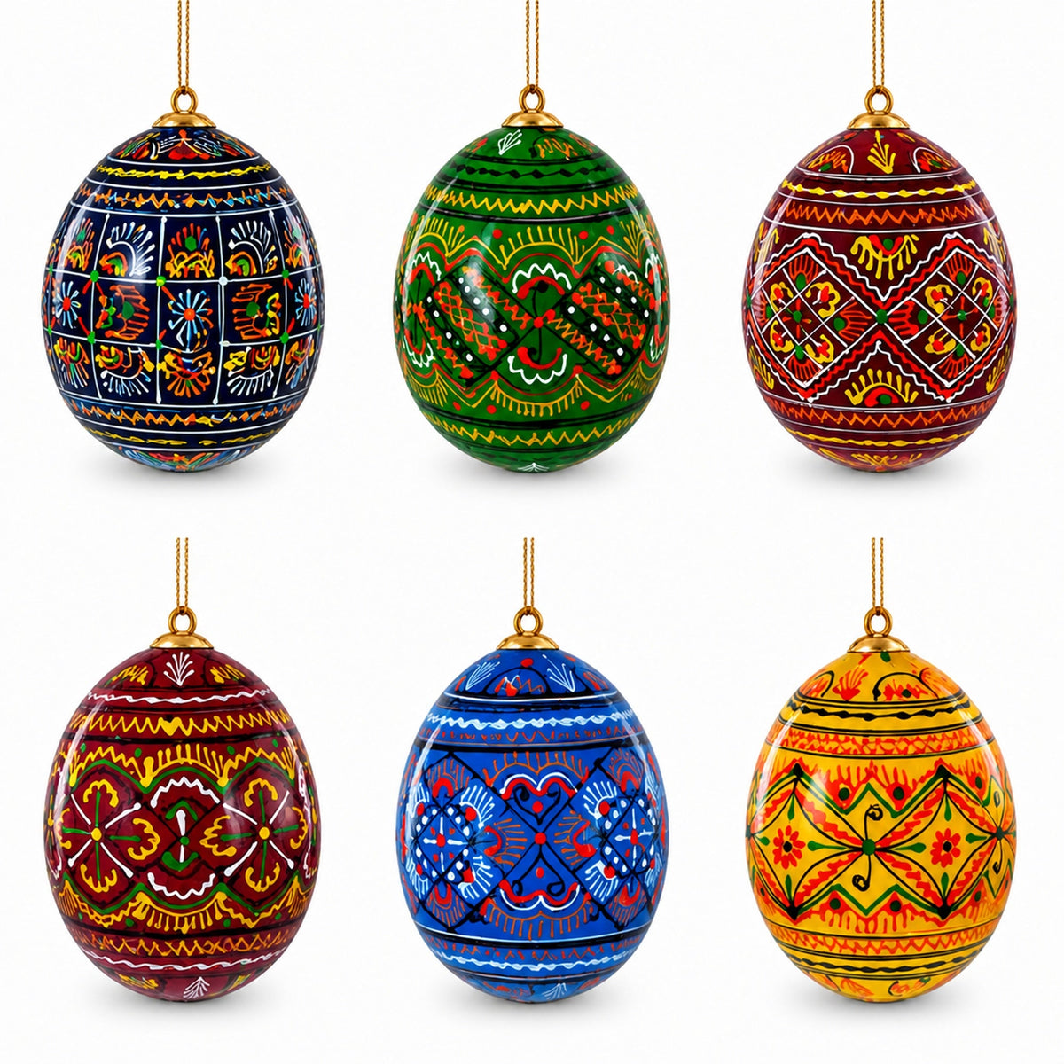 Set of 6 Ukrainian Geometric Wooden Pysanky Easter Eggs Ornaments 5