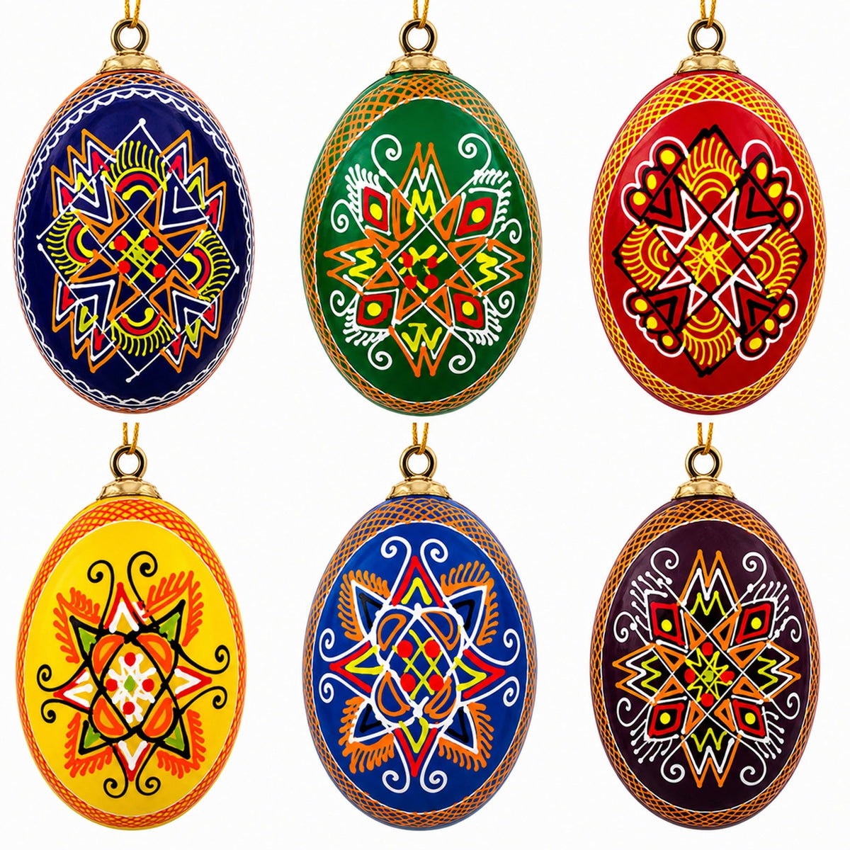 Set of 6 Hand Painted Wooden Ukrainian Easter Egg Ornaments 2.5 Inches 1