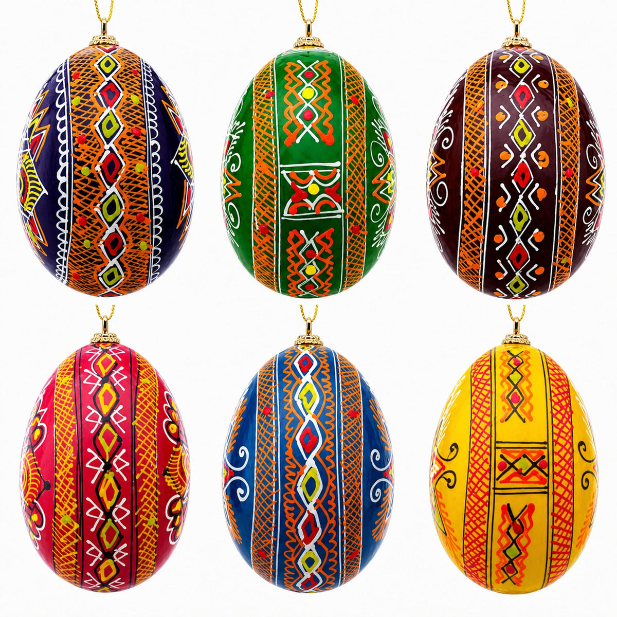 Set of 6 Hand Painted Wooden Ukrainian Easter Egg Ornaments 2.5 Inches 2
