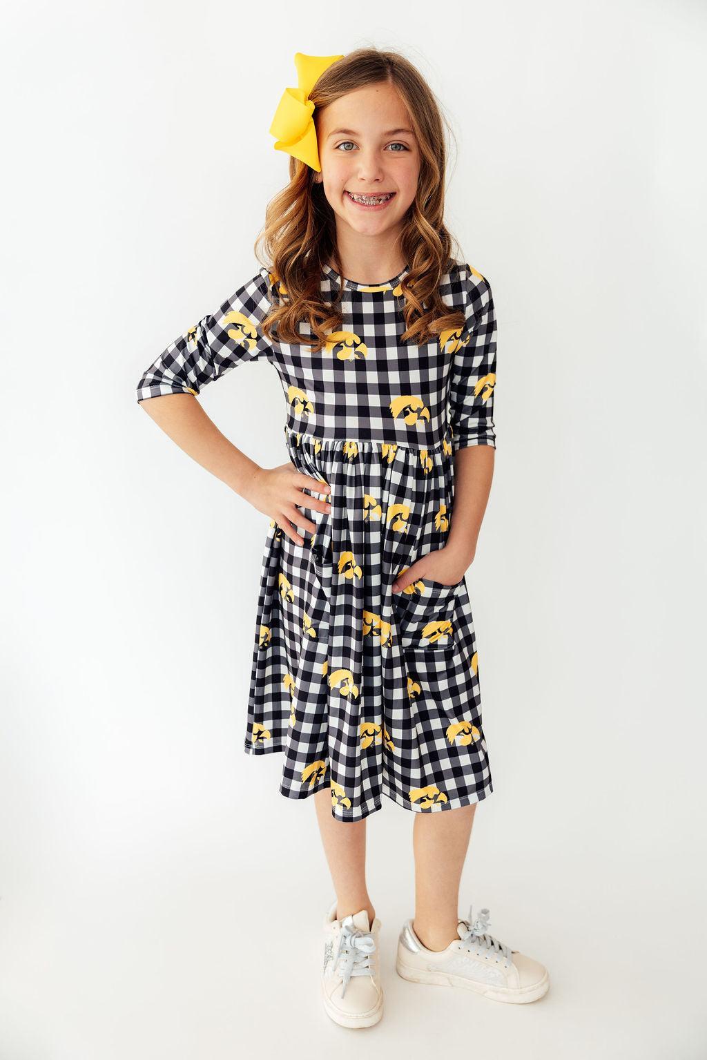 Iowa Plaid Tigerhawk 3/4 Sleeve Pocket Twirl Dress 1