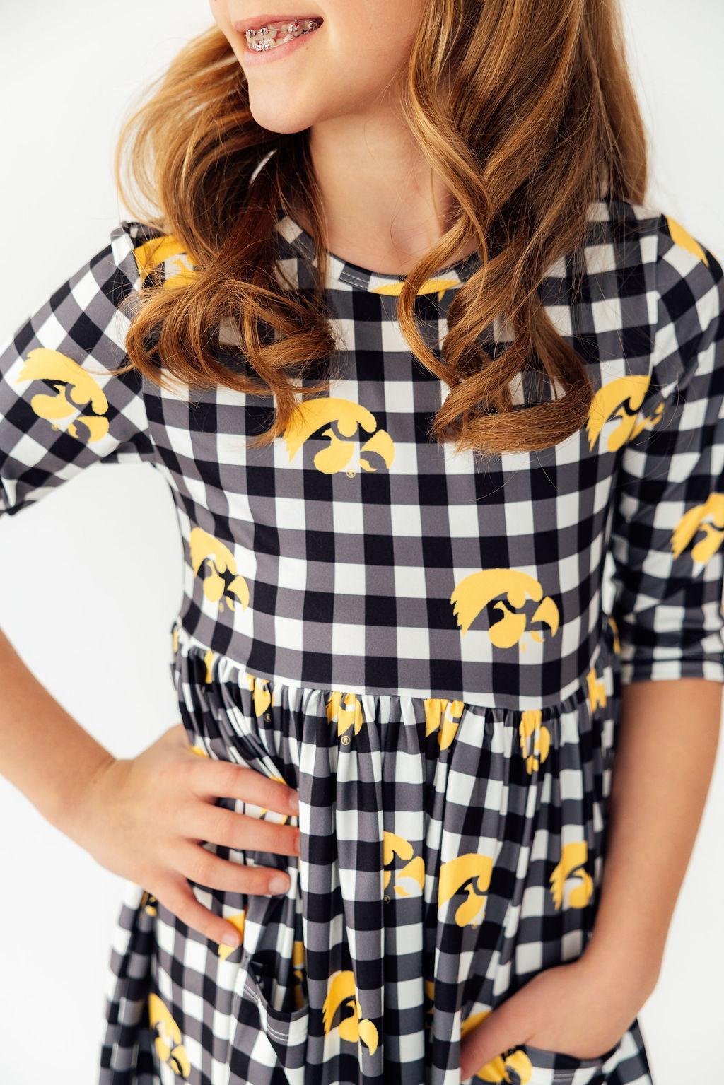 Iowa Plaid Tigerhawk 3/4 Sleeve Pocket Twirl Dress 2