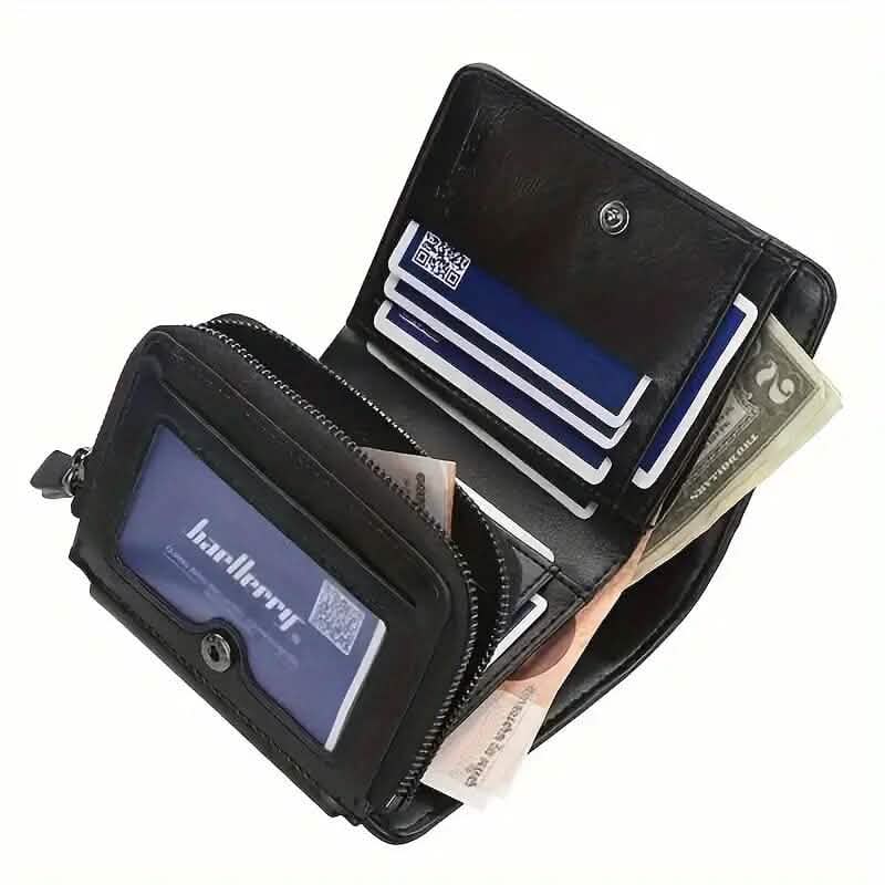 Men's Short Multi-Card Slots Tri-Fold Zipper Coin Pocket Wallet 4