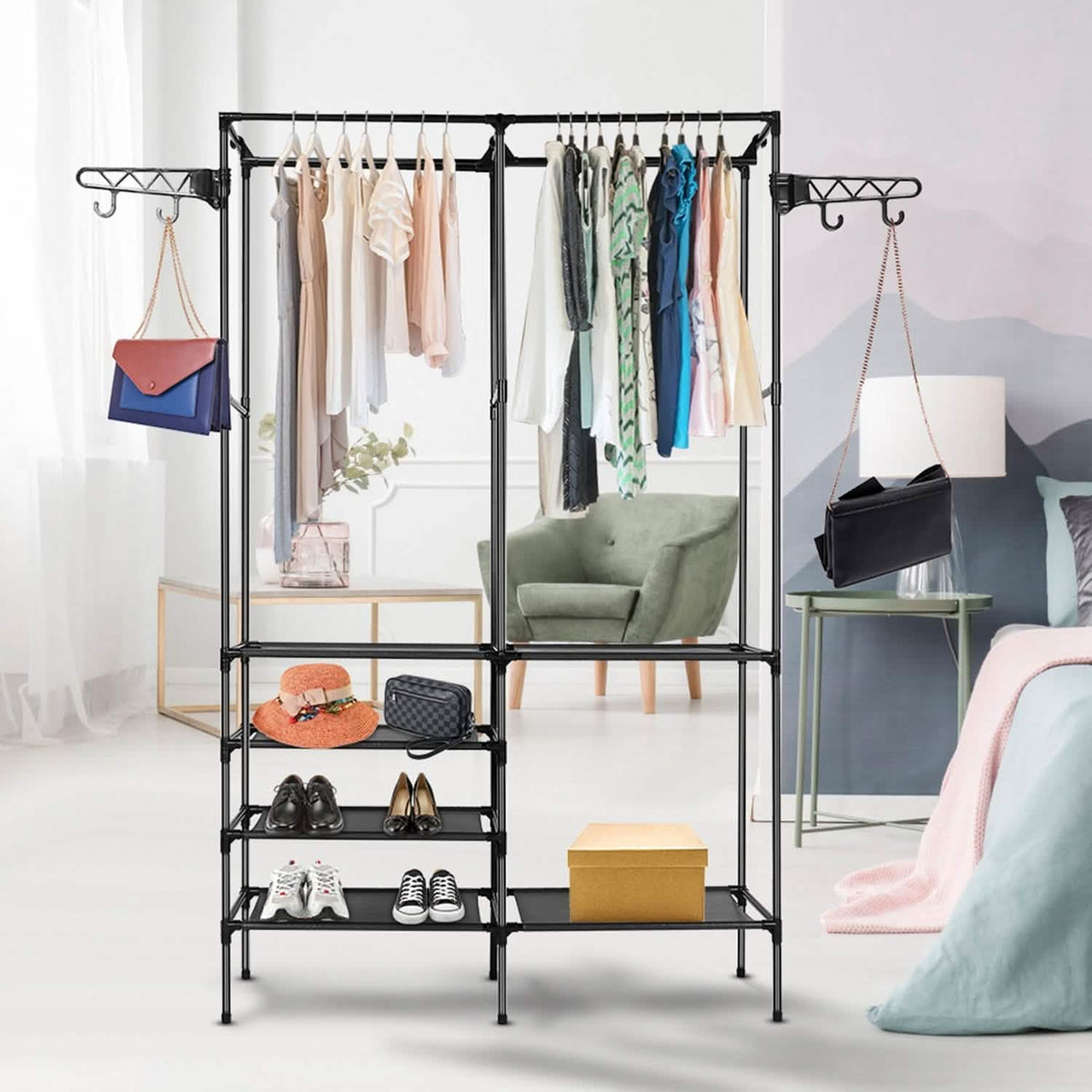Metal Garment Rack Shoe Clothing Organizer Shelves 2