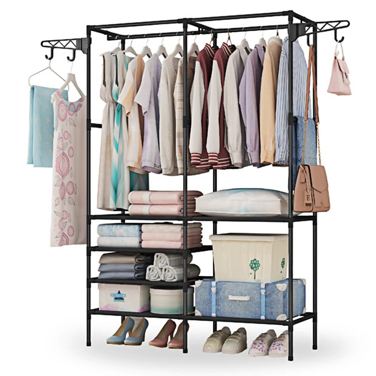 Metal Garment Rack Shoe Clothing Organizer Shelves 4