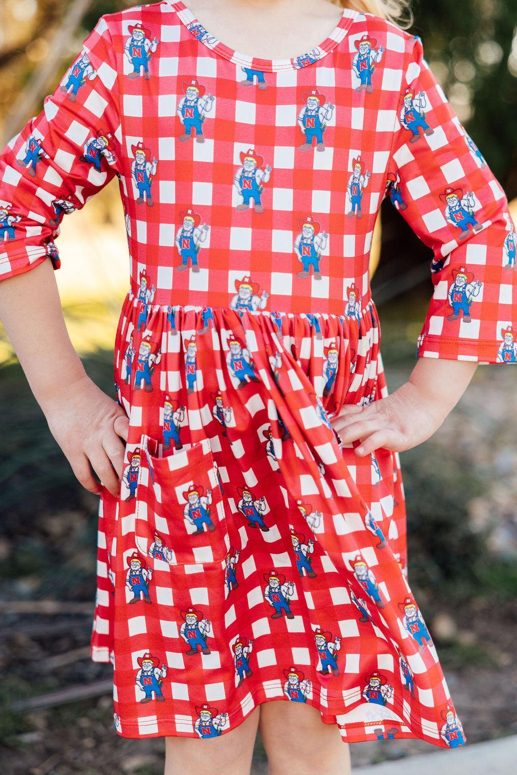 Nebraska Plaid Herbie Husker 3/4 Sleeve Pocket Twirl Dress 1