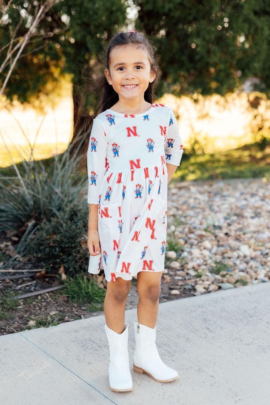 Nebraska White Herbie Husker 3/4 Sleeve Pocket Twirl Dress 1
