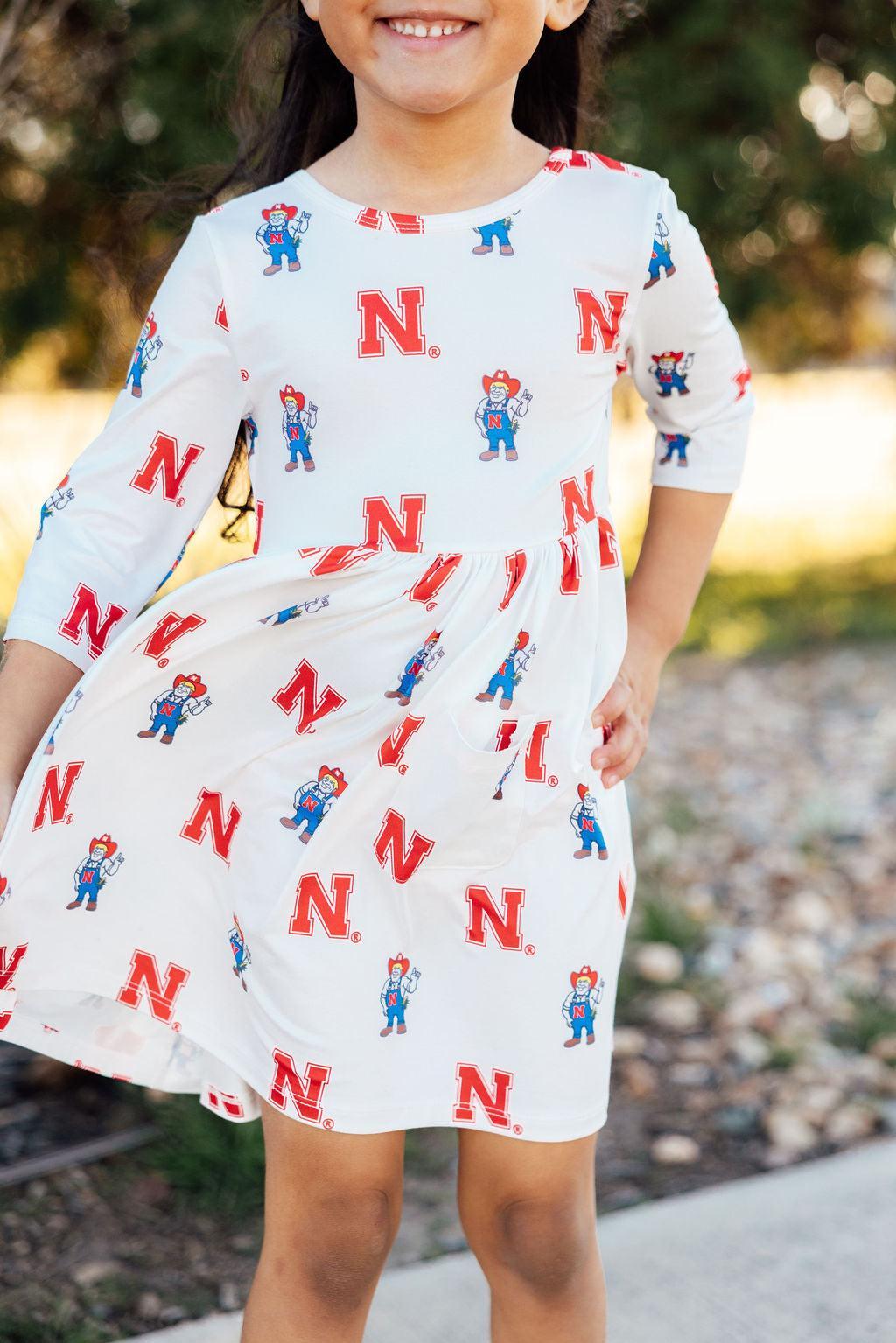 Nebraska White Herbie Husker 3/4 Sleeve Pocket Twirl Dress 2