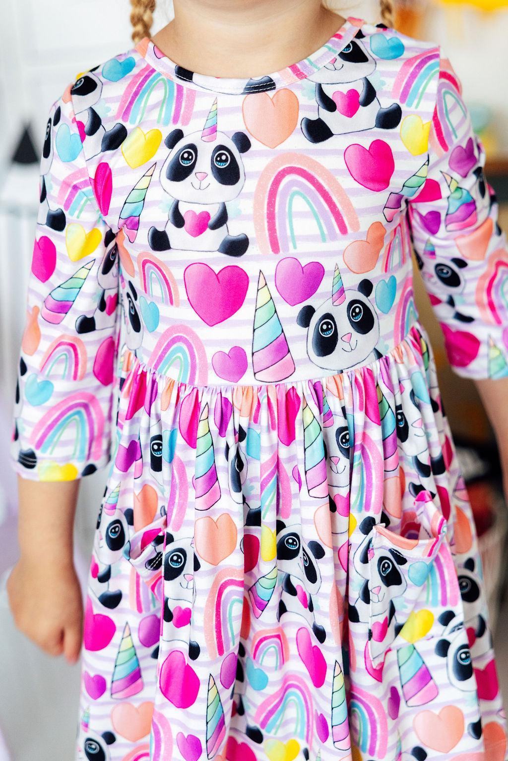Peace, Love & Pandacorns 3/4 Sleeve Pocket Twirl Dress 1