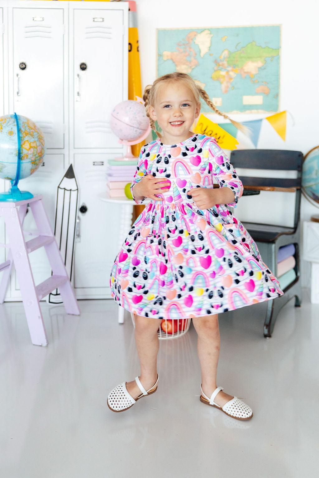 Peace, Love & Pandacorns 3/4 Sleeve Pocket Twirl Dress 3